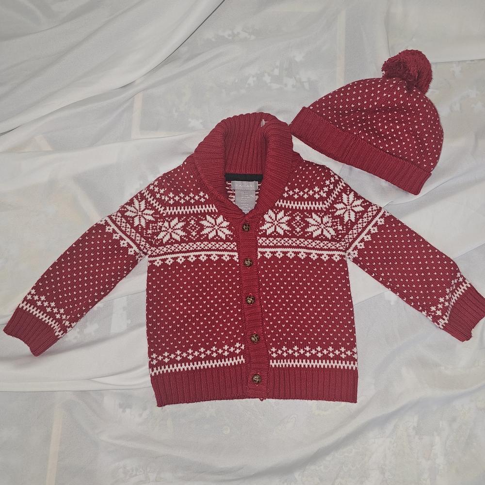 Tahari fair Isle Holiday Christmas‎ Buttoned Collared Sweater and Hat 12M